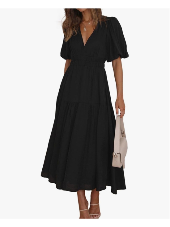 MessBebe Dresses & Skirts - NEW Short Puffy Sleeve V Neck A-Line Flowy Wrap Wedding Guest Lined Dress S